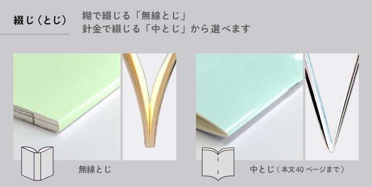 綴じは糊で綴じる「無線とじ」針金で綴じる「中とじ」から選べます