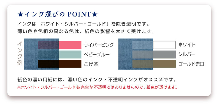 インクは「ホワイト・金・銀」を除き透明です。薄い色は紙色の影響を大きく受けます。 ※ホワイト・金・銀も完全な不透明ではありませんので、紙色は透けます。 紙色の濃い用紙には、下記のインクがオススメです。 基26ブルーブラック／基30スミ／基31シルバー／基32ゴールド青口／基33ゴールド赤口 ※ホワイト・シルバー・ゴールドも完全な不透明ではありませんので、紙色は透けます。