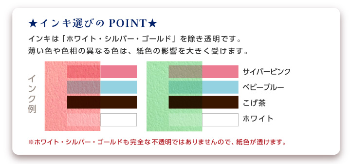 インクは「ホワイト・金・銀」を除き透明です。薄い色は紙色の影響を大きく受けます。 ※ホワイト・金・銀も完全な不透明ではありませんので、紙色は透けます。 紙色の濃い用紙には、下記のインクがオススメです。 基26ブルーブラック／基30スミ／基31シルバー／基32ゴールド青口／基33ゴールド赤口 ※ホワイト・シルバー・ゴールドも完全な不透明ではありませんので、紙色は透けます。