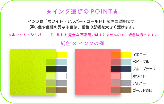 インクは「ホワイト・金・銀」を除き透明です。薄い色は紙色の影響を大きく受けます。 ※ホワイト・金・銀も完全な不透明ではありませんので、紙色は透けます。 紙色の濃い用紙には、下記のインクがオススメです。 基26ブルーブラック／基30スミ／基31シルバー／基32ゴールド青口／基33ゴールド赤口 ※ホワイト・シルバー・ゴールドも完全な不透明ではありませんので、紙色は透けます。