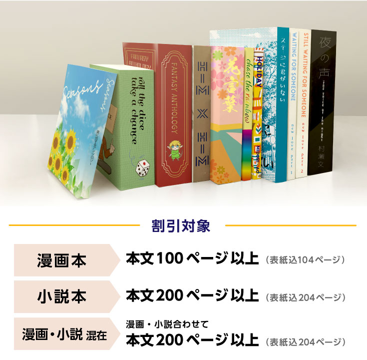 漫画本100ページ以上、小説本200ページ以上、漫画・小説混在200ページ以上なら、10%OFF!